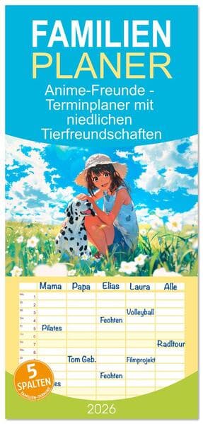 Familienplaner 2026 - Anime-Freunde - Terminplaner mit niedlichen Tierfreundschaften mit 5 Spalten (Wandkalender, 21 x 45 cm) CALVENDO