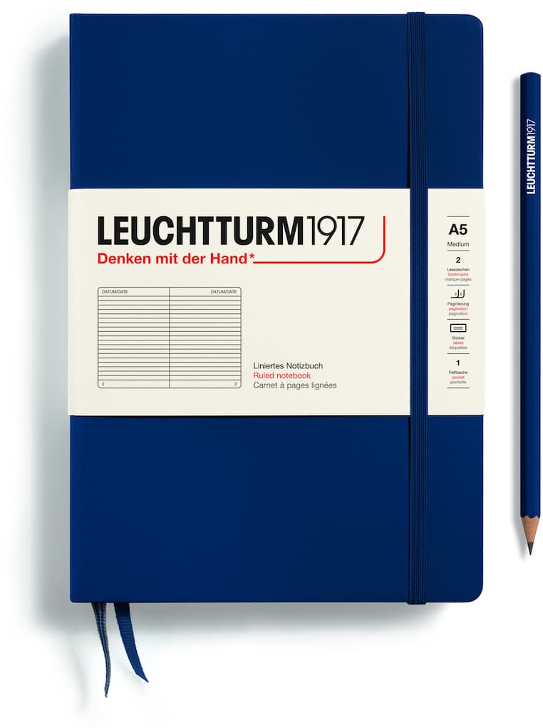 Notizbuch Medium (A5), Hardcover, 251 nummerierte Seiten, Marine, Liniert