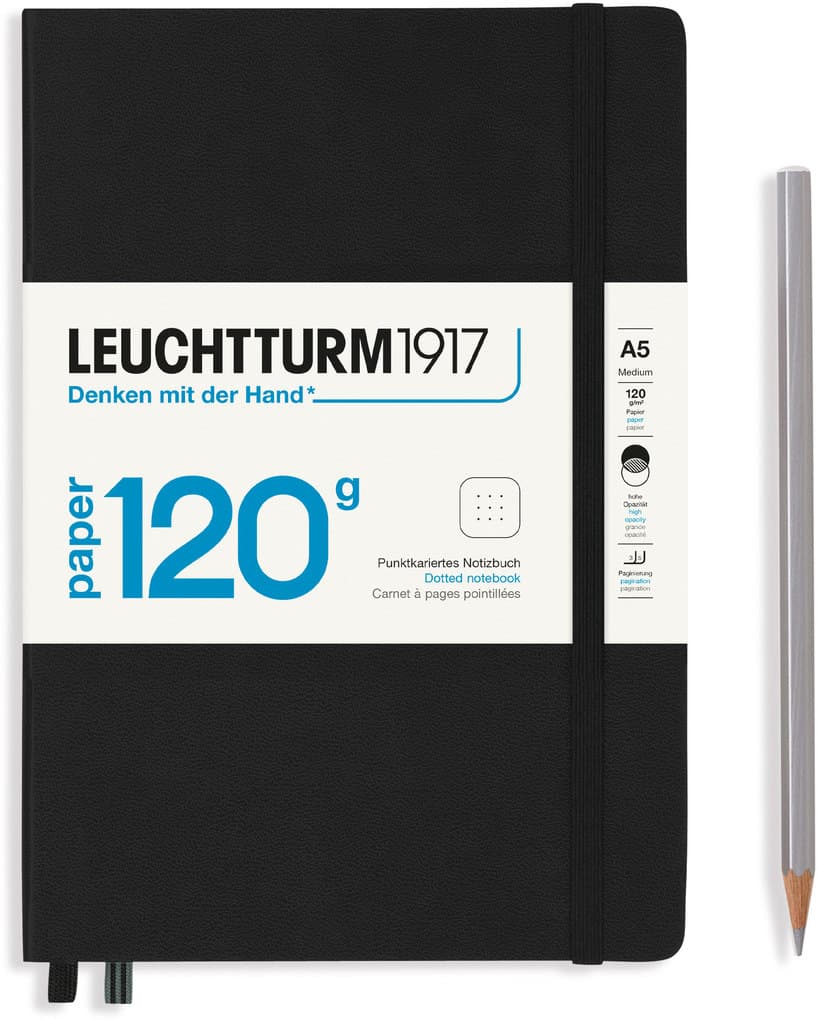 Notizbuch Medium (A5), EDITION 120, Hardcover, 203 nummerierte Seiten, Schwarz, dotted
