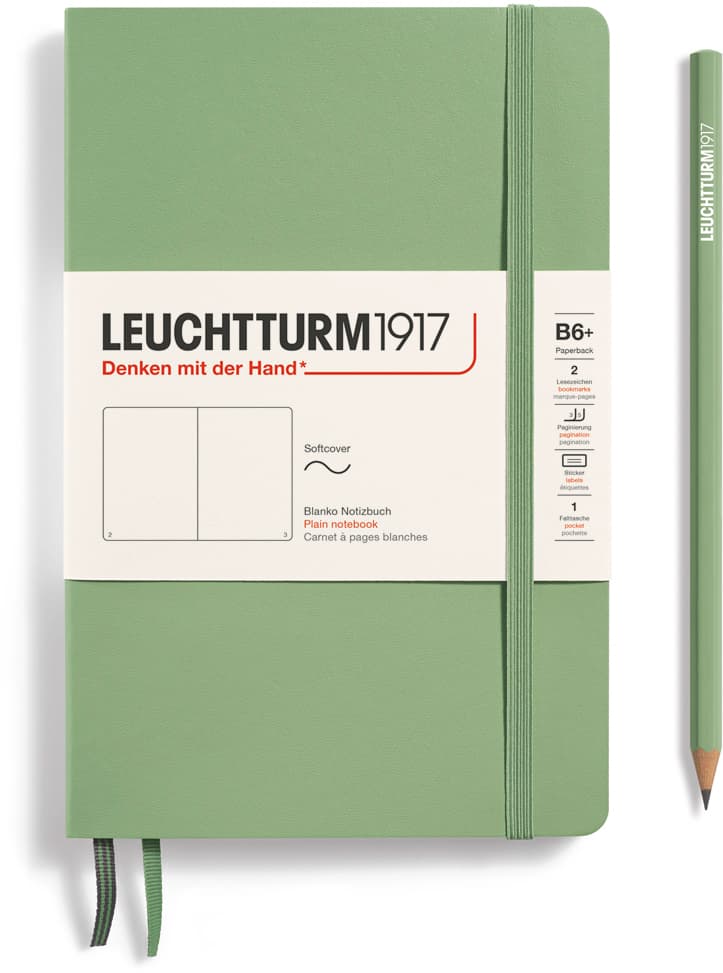 Notizbuch Paperback (B6+), Softcover, 123 nummerierte Seiten, Salbei, Blanko