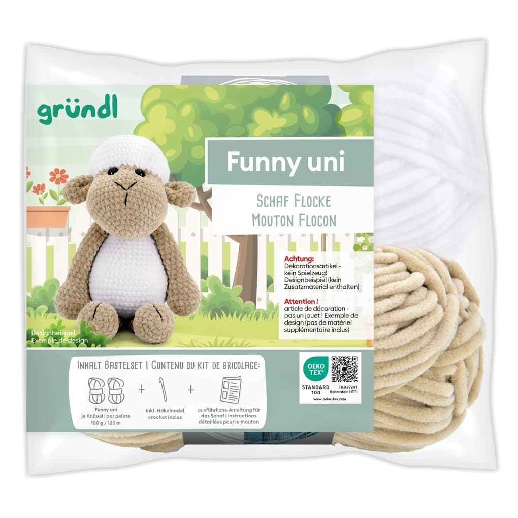 gründl Funny uni SB-Pack Schaf Flocke, Chenillegarn, Häkelset