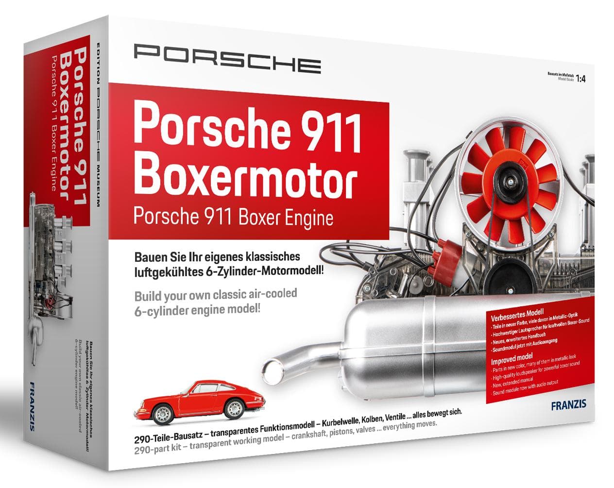 FRANZIS 67224 - Porsche 911 Boxermotor. 200-Teile-Bausatz, transparentes Funktionsmodell, bewegliche Kurbelwelle, Kolben und Ventile, inkl. reich bibldertem Handbuch