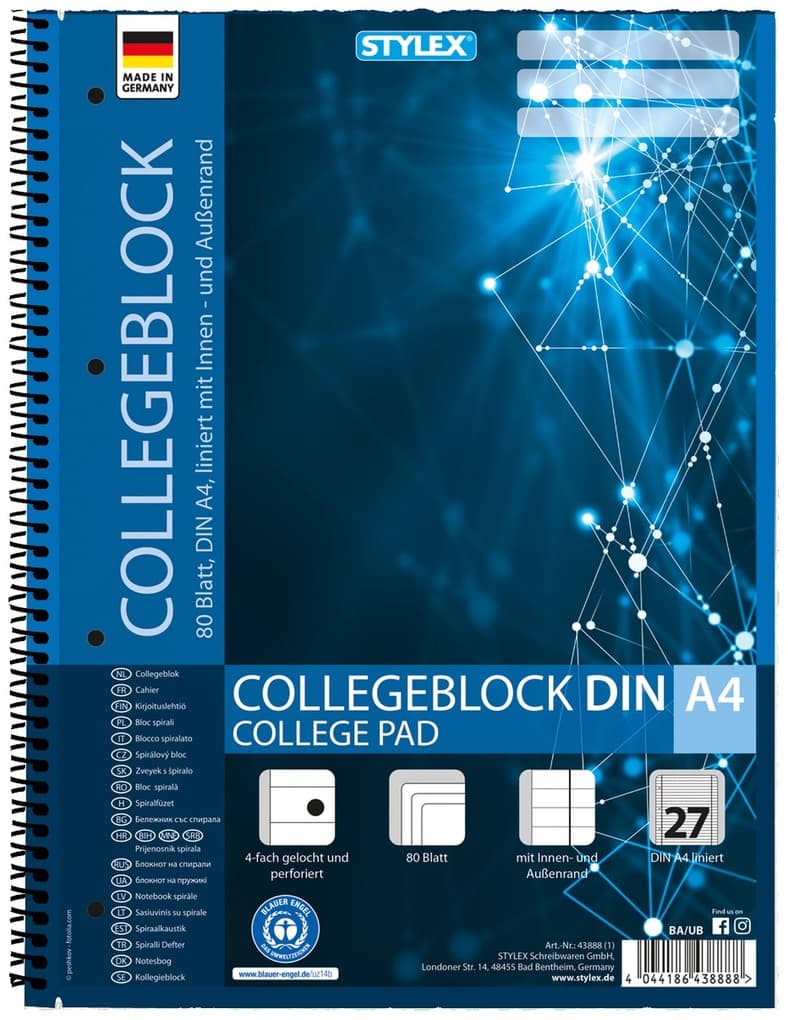 Stylex Collegeblock, Spirale, Lineatur 27, DIN A4, 80 Blatt, liniert