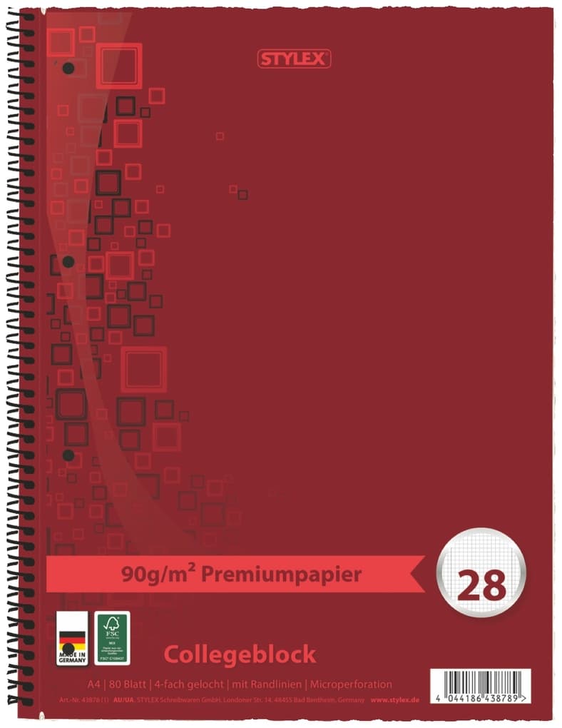 Stylex Collegeblock, Premium, Lin. 28, DIN A4, 80 Blatt, kariert