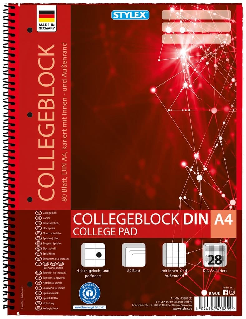 Stylex Collegeblock, Spirale, Lineatur 28, DIN A4, 80 Blatt, kariert