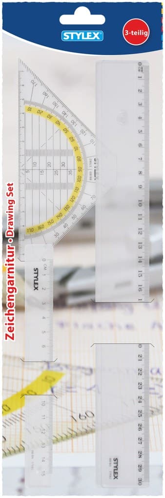 Stylex Zeichengarnitur: Lienal 15cm, Lineal 30cm, Geodreieck, 3er Set