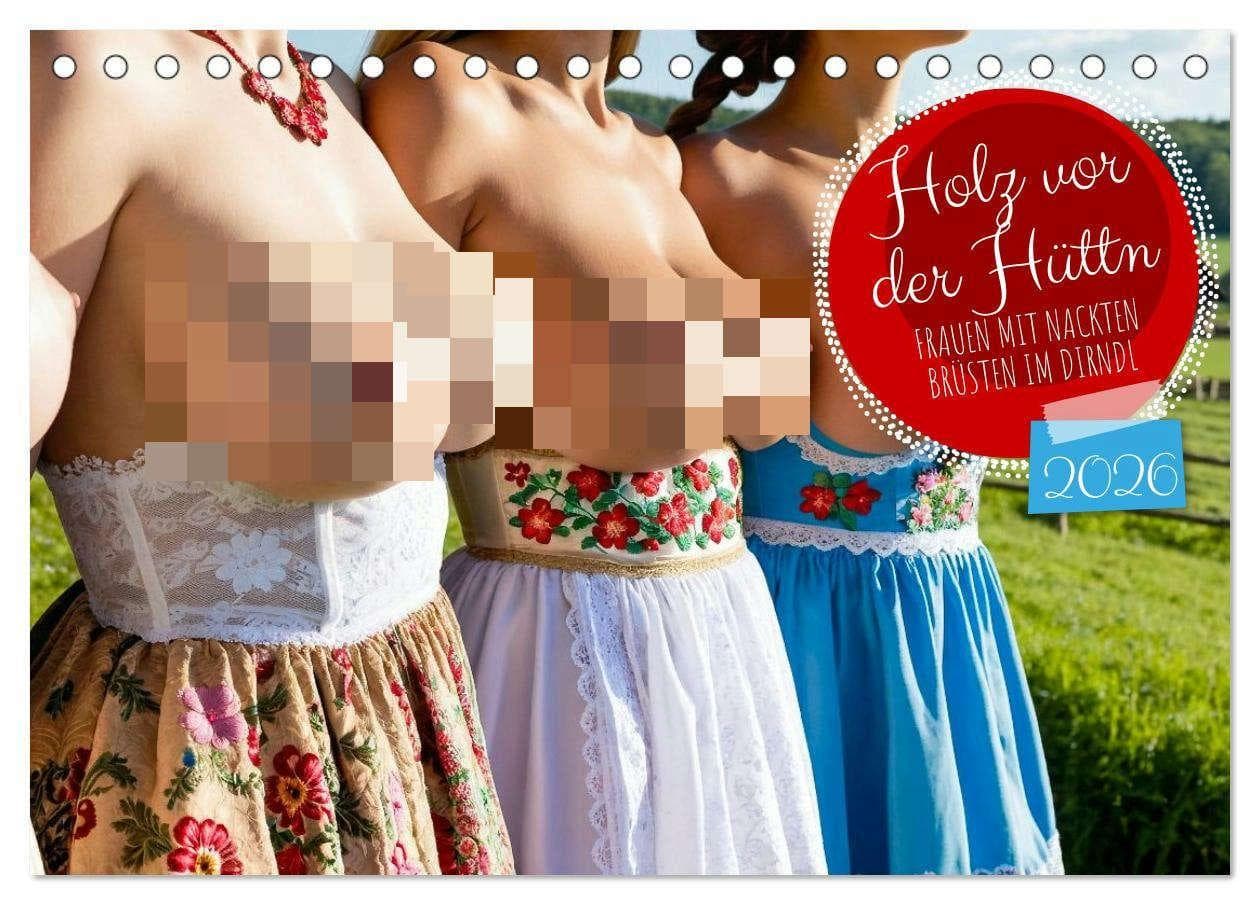 Holz vor der Hüttn - Frauen mit nackten Brüsten im Dirndl (Tischkalender 2026 DIN A5 quer), CALVENDO Monatskalender
