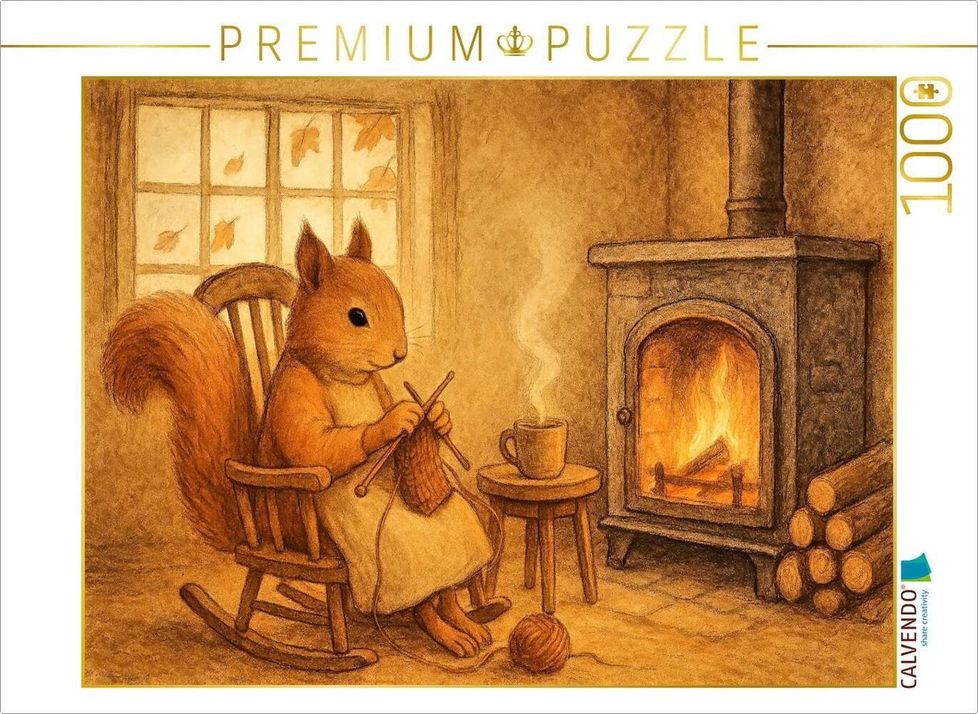CALVENDO Puzzle Kaminträume - Das strickende Eichhörnchen | 1000 Teile Lege-Größe 64x48cm Foto-Puzzle für glückliche Stunden
