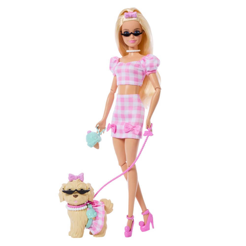 Barbie im Zwillingslook mit Schleife und Haustier