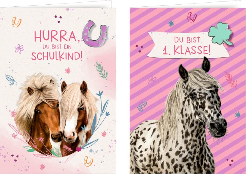 Grußkarte mit Wegbegleiter-Pin - Du bist 1. Klasse! / Hurra, du bist ein Schulkind!