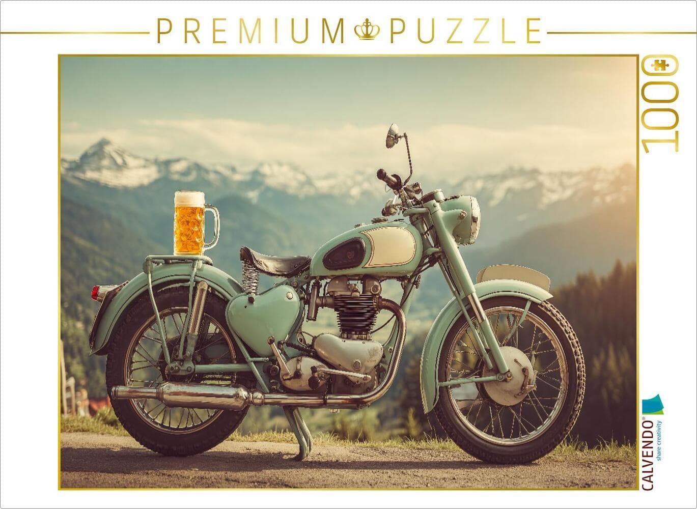 CALVENDO Puzzle Oldtimer-Motorrad mit Bierkrug vor Alpenpanorama | 1000 Teile Lege-Größe 64x48cm Foto-Puzzle für glückliche Stunden
