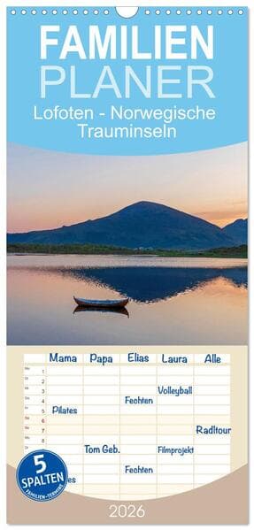 Familienplaner 2026 - Lofoten - Norwegische Trauminseln mit 5 Spalten (Wandkalender, 21 x 45 cm) CALVENDO