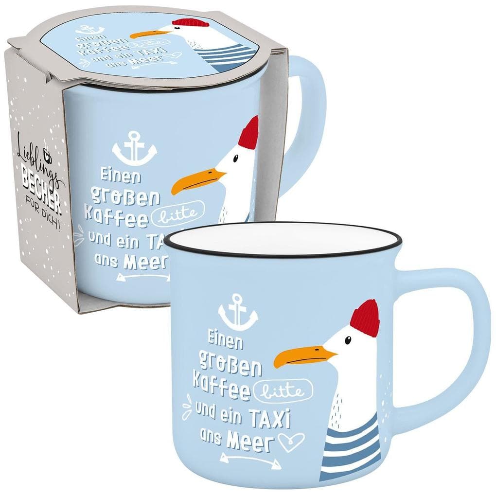 Becher in Emmailoptik "Einen großen Kaffee bitte und ein Taxi zum Meer"