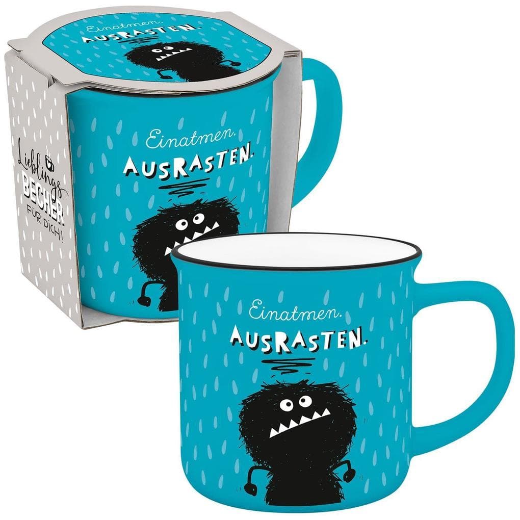 Becher in Emailloptik "Einatmen. Ausrasten!"