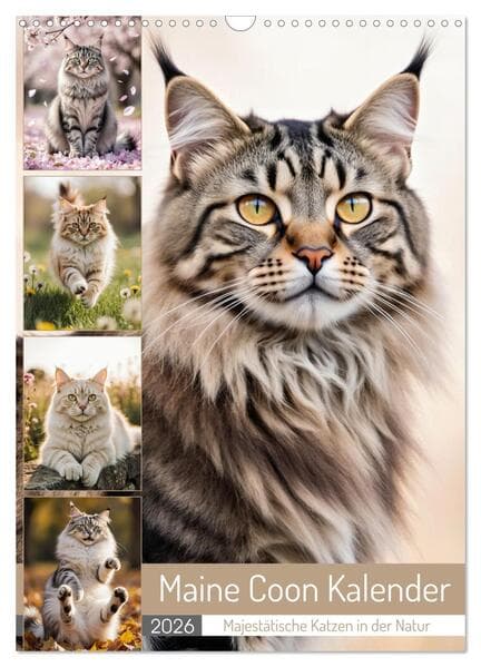 Maine Coon Kalender - Majestätische Katzen in der Natur (Wandkalender 2026 DIN A3 hoch), CALVENDO Monatskalender