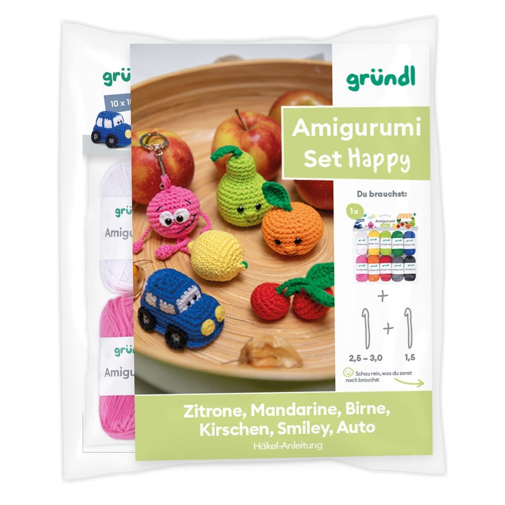 Gründl Amigurumi Häkel Set Happy: 10 Knäuel, Häkelnadel 2,5mm + 1,5mm, Anleitung
