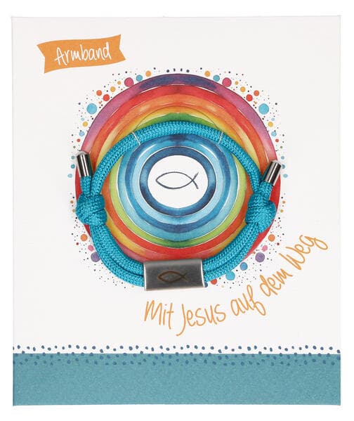 Türkises Textil-Armband mit Ichthys-Anhänger: Mit Jesus auf dem Weg