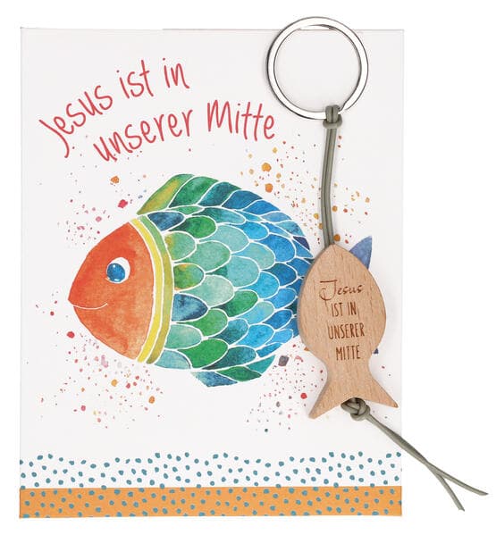 Fisch-Schlüsselanhänger aus Buchenholz mit Lederband mit Gravur "Jesus ist in unserer Mitte"