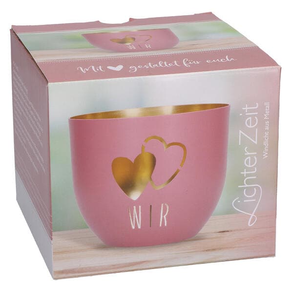 LichterZeit "Wir" Metall-Windlicht in Rosa mit Goldveredelung und durchbrochenem Herzmotiv