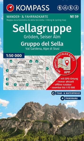 KOMPASS Wanderkarte 59 Sellagruppe, Gröden, Seiser Alm / Gruppo del Sella, Val Gardena, Alpe di Siusi 1:50.000