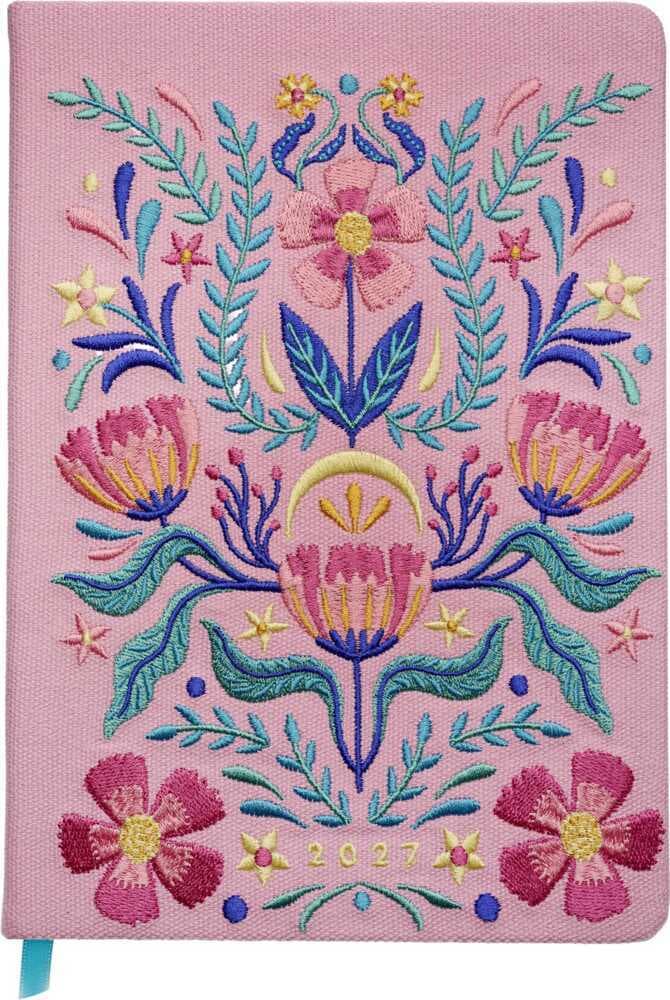 Taschenkalender A5 2027: Blütenmotiv, bestickt, rosa