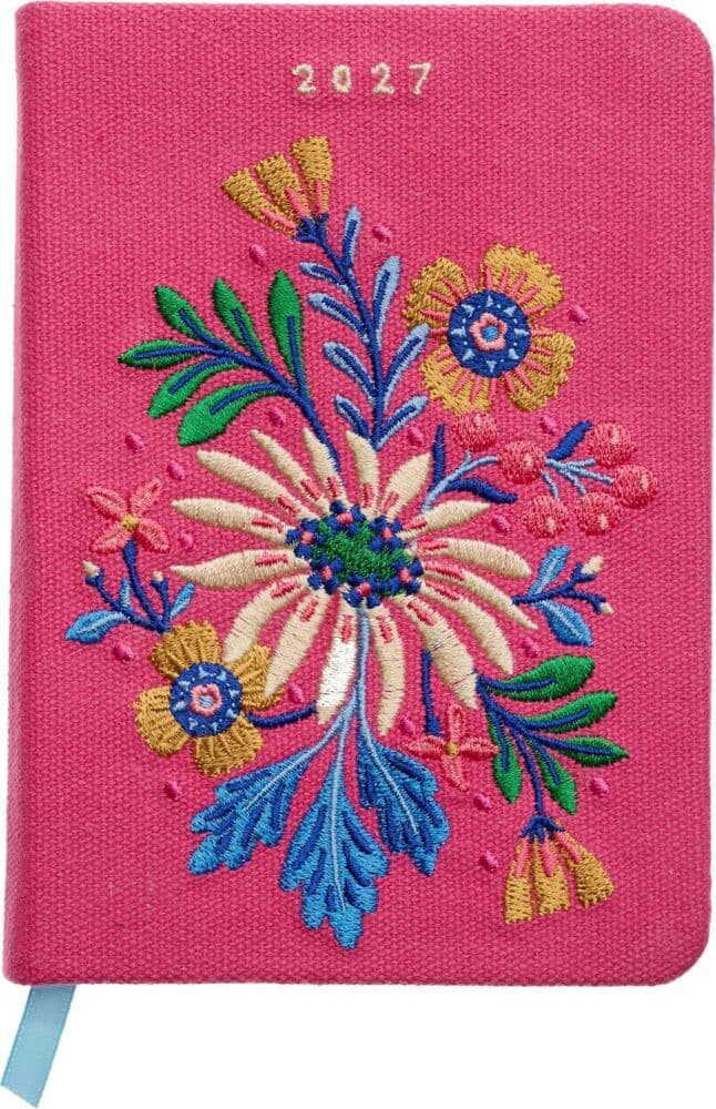 Taschenkalender A6 2027: Blütenmotiv, bestickt, pink