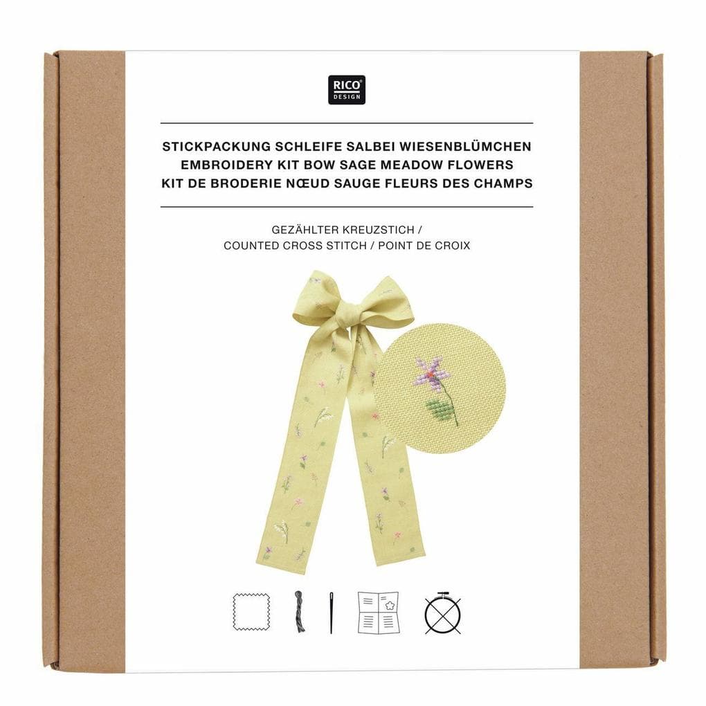 Stickpackung, Gezählter Kreuzstich Schleife Wiesenblümchen, Salbei, 30 x 54 cm, 100% Leinen