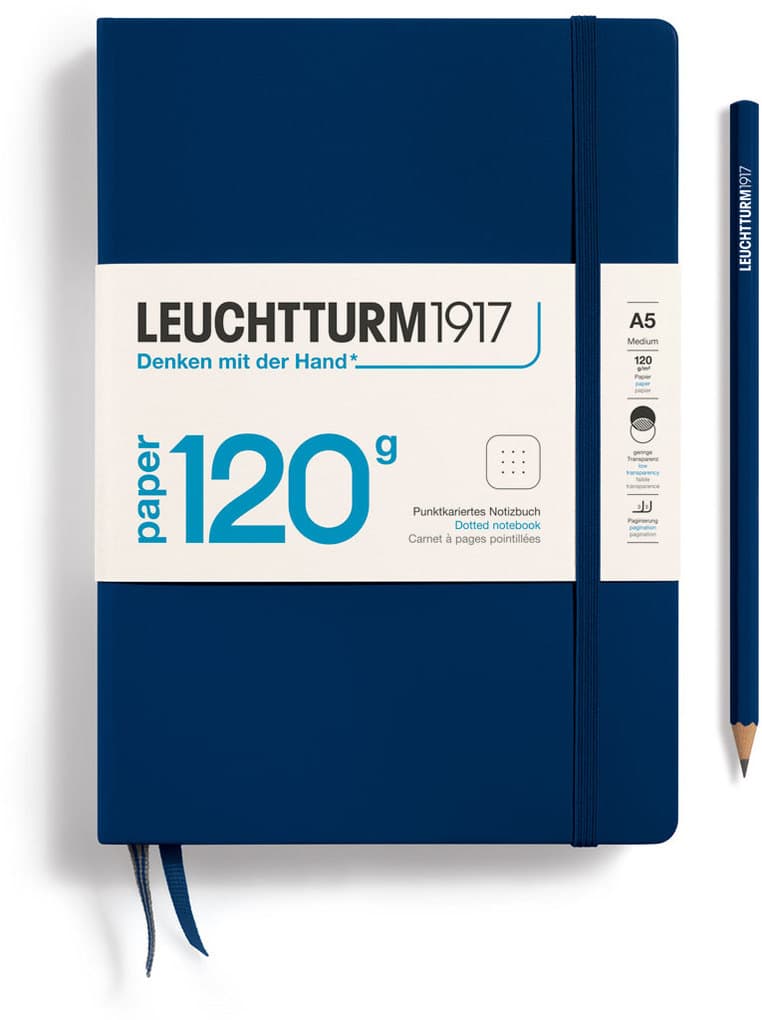 Notizbuch Medium (A5), 120g Edition, Hardcover, 203 nummerierte Seiten, Marine, dotted