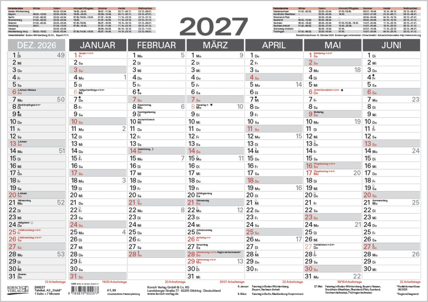 Tafelkalender A3 "Stabil" 2027