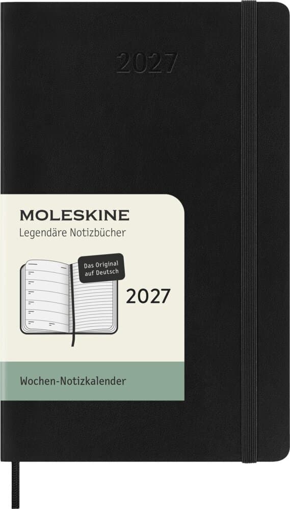 Moleskine 12 Monate Wochen Notizkalender Deutsch 2027, Pocket/A6, 1 Wo = 1 Seite, rechts linierte Seite, Weicher Einband, Schwarz