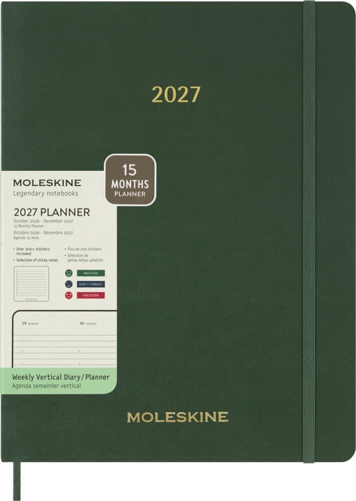 Moleskine 15 Monate Essential Wochenkalender 2026/2027, 1 Wo = 2 Seiten, vertikal, XXL, weicher Einband, Myrtengrün