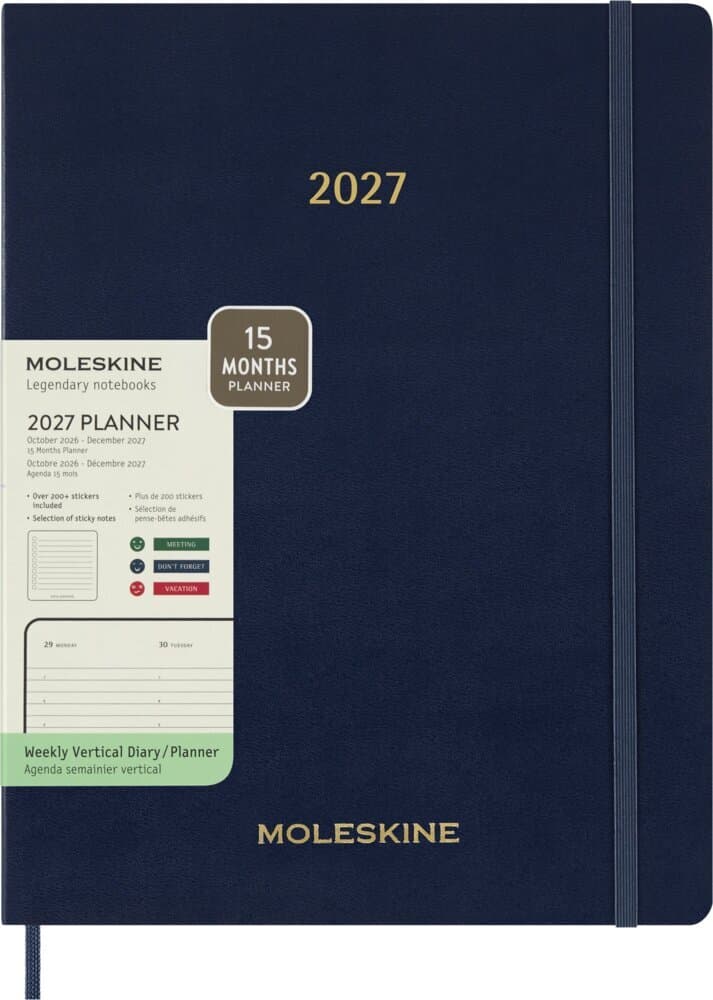 Moleskine 15 Monate Essential Wochenkalender 2026/2027, 1 Wo = 2 Seiten, vertikal, XXL, fester Einband, Saphirblau