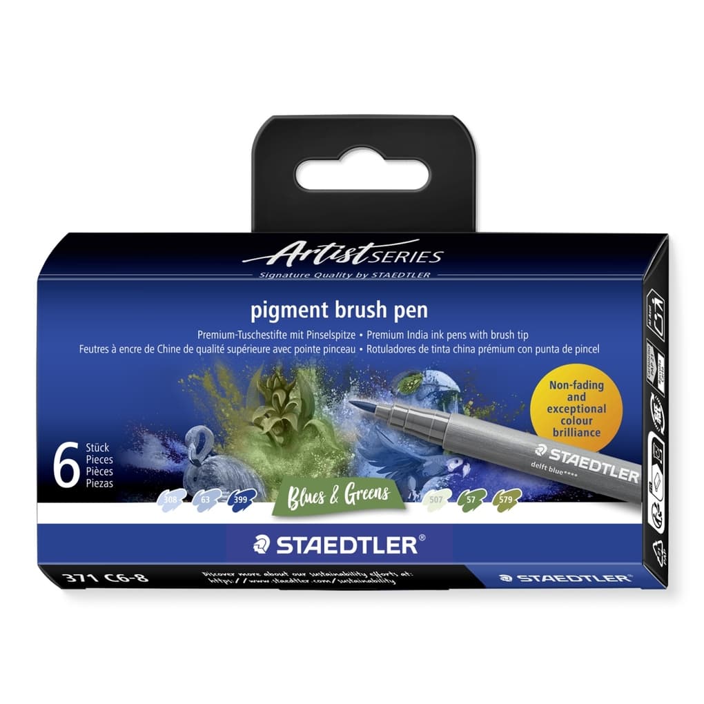 STAEDTLER pigment brush pen Blues&Greens, Pinselspitze, 6er Set