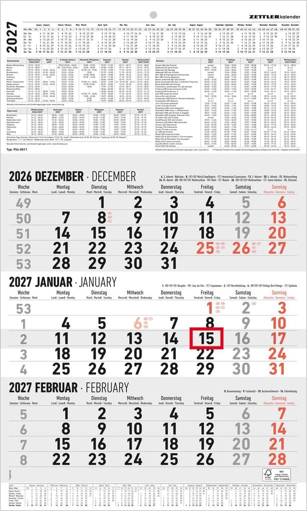 ZETTLER 3-Monatskalender groß 2027