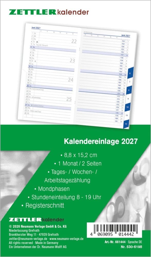 ZETTLER Kalenderersatzeinlage TP 1M/2S Registerschnitt 2027