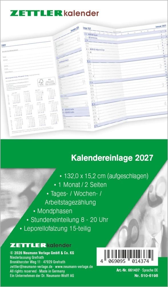 ZETTLER Kalenderersatzeinlage TP 1M/2S Leporello 2027