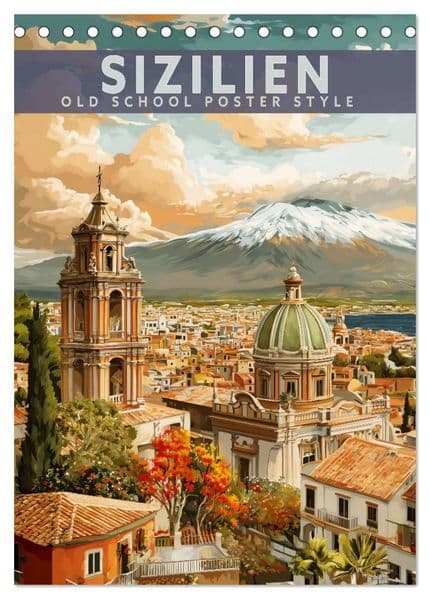 Sizilien - Old School Poster Style (Tischkalender 2027 DIN A5 hoch), CALVENDO Monatskalender