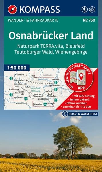 KOMPASS Wanderkarte 750 Osnabrücker Land, NP TERRA.vita, Bielefeld, Teutoburger Wald, Wiehengeb. 1:50.000