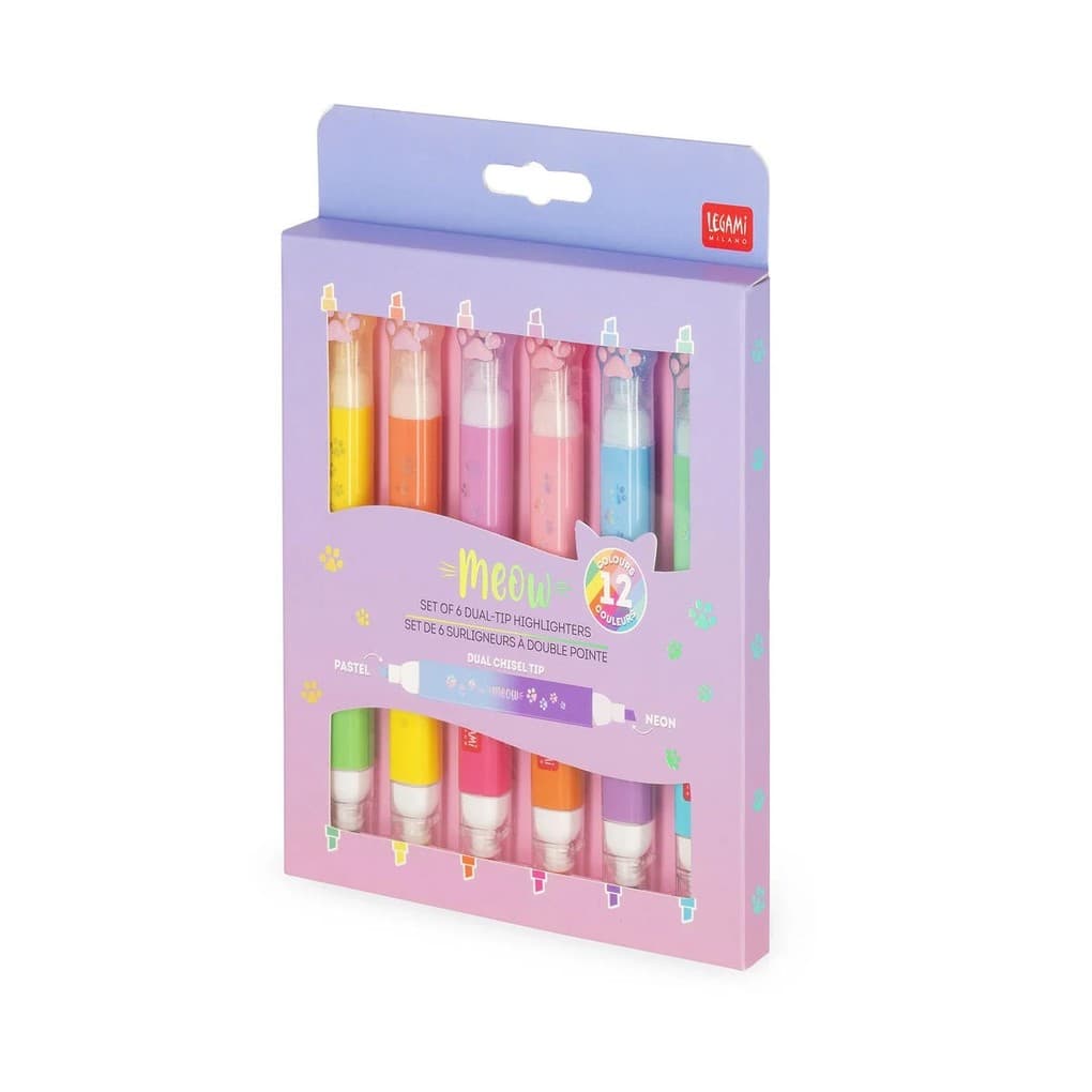 Legami - Set aus 6 Doppelspitz-Miaumarkern, 1 x 4 mm Keilspitze mit Glitzer und 1 x 1 mm rund zum Überschreiben, wasserbasierte Tinte, dreieckiger Griff, 3 x 10,9 x 1,7 cm