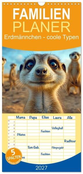 Familienplaner 2027 - Erdmännchen - coole Typen mit 5 Spalten (Wandkalender, 21 x 45 cm) CALVENDO