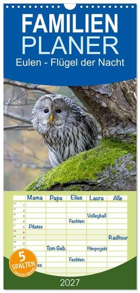 Familienplaner 2027 - Eulen - Flügel der Nacht mit 5 Spalten (Wandkalender, 21 x 45 cm) CALVENDO