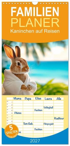 Familienplaner 2027 - Kaninchen auf Reisen mit 5 Spalten (Wandkalender, 21 x 45 cm) CALVENDO