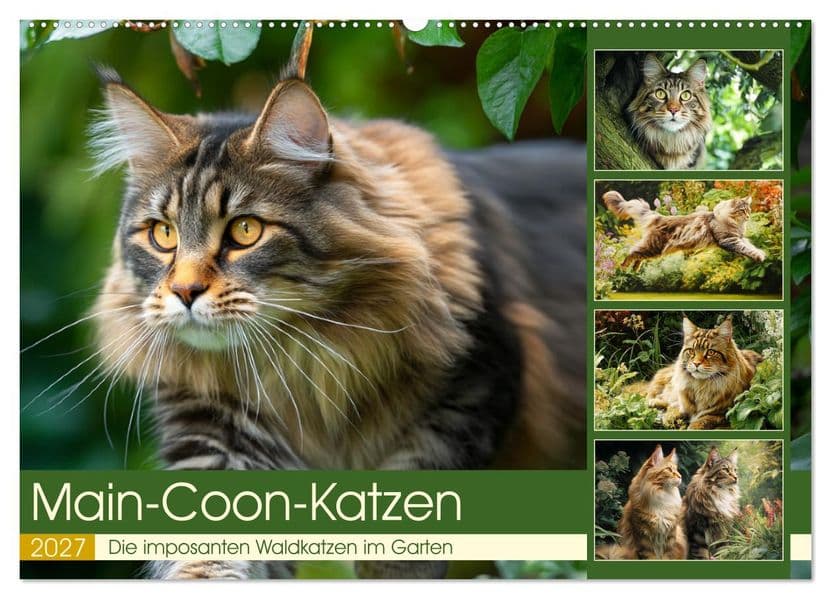 Main-Coon-Katzen. Die imposanten Waldkatzen im Garten (Wandkalender 2027 DIN A2 quer), CALVENDO Monatskalender