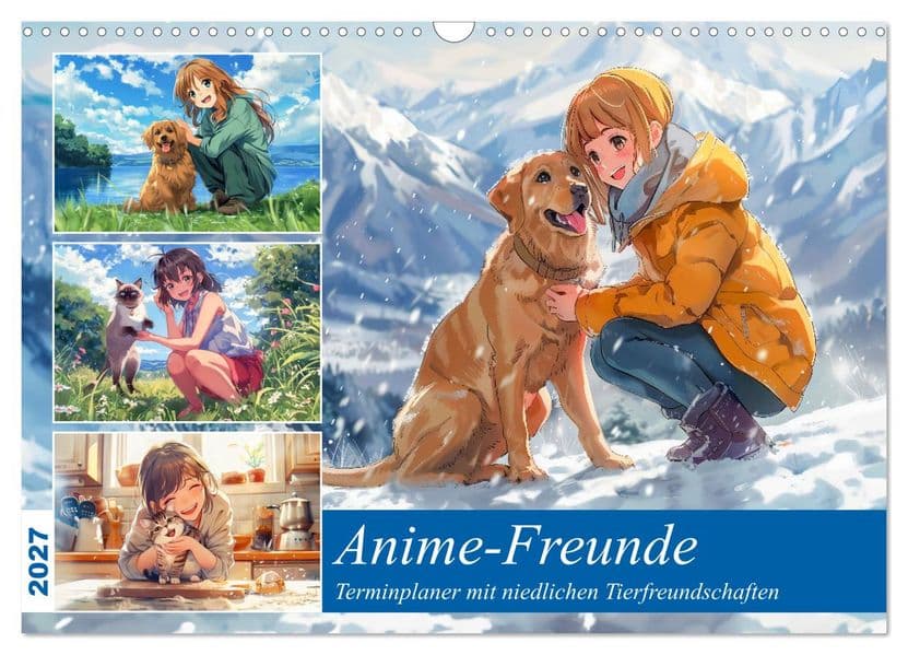 Anime-Freunde - Terminplaner mit niedlichen Tierfreundschaften (Wandkalender 2027 DIN A3 quer), CALVENDO Monatskalender