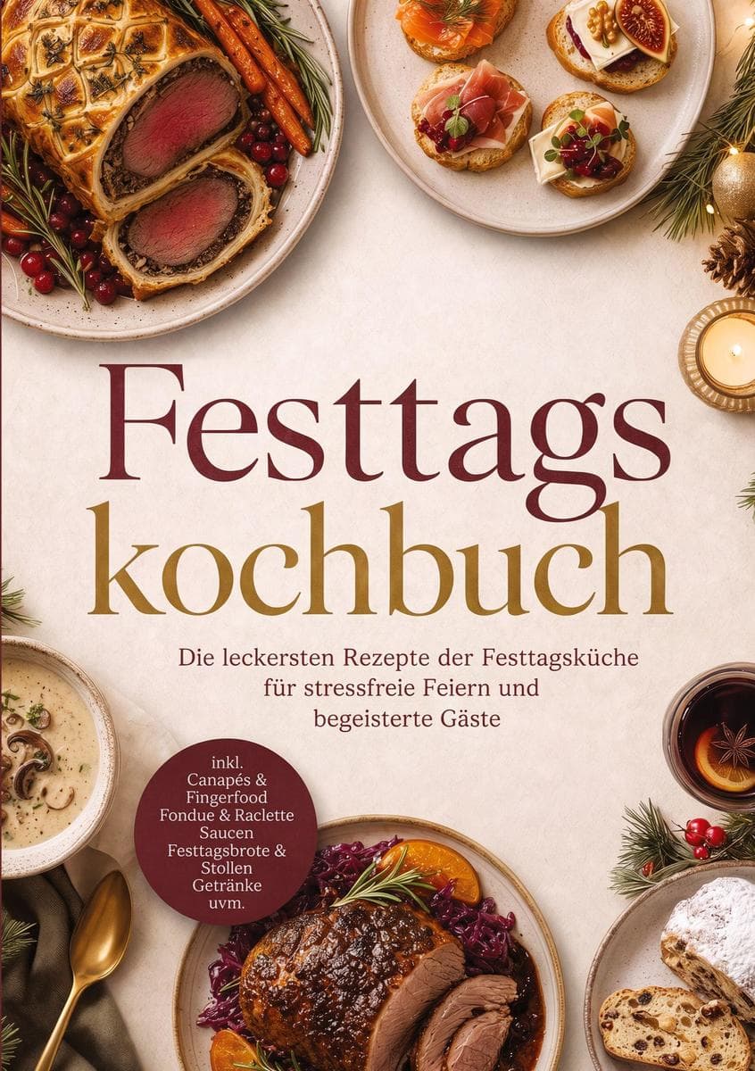 Festtagskochbuch: Die leckersten Rezepte der Festtagsküche für stressfreie Feiern und begeisterte Gäste - inkl. Canapés & Fingerfood, Fondue & Raclette, Saucen, Festtagsbrote & Stollen, Getränke uvm.