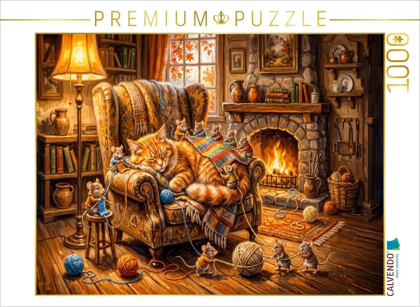 CALVENDO Puzzle Katze schläft im Ohrensessel während Mäuse eine warme Decke stricken | 1000 Teile Lege-Größe 64 × 48 cm Foto-Puzzle für glückliche Stunden