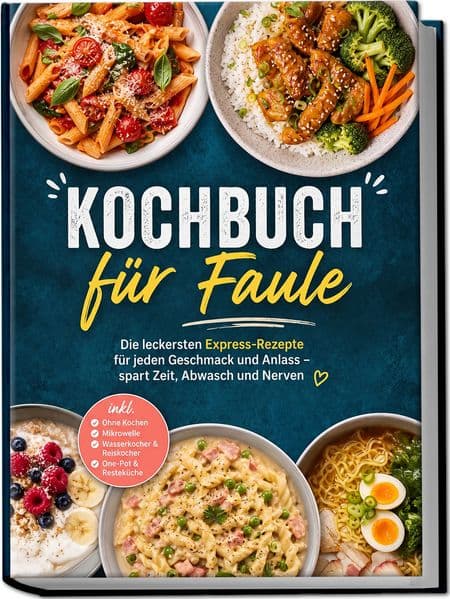 Kochbuch für Faule: Die leckersten Express-Rezepte für jeden Geschmack und Anlass - spart Zeit, Abwasch und Nerven - inkl. Ohne Kochen, Mikrowelle, Wasserkocher & Reiskocher, One-Pot & Resteküche