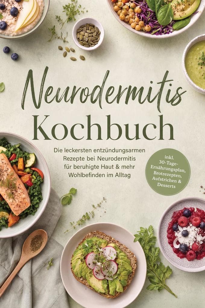 Neurodermitis Kochbuch: Die leckersten entzündungsarmen Rezepte bei Neurodermitis für beruhigte Haut & mehr Wohlbefinden im Alltag - inkl. 30-Tage-Ernährungsplan, Brotrezepten, Aufstrichen & Desserts