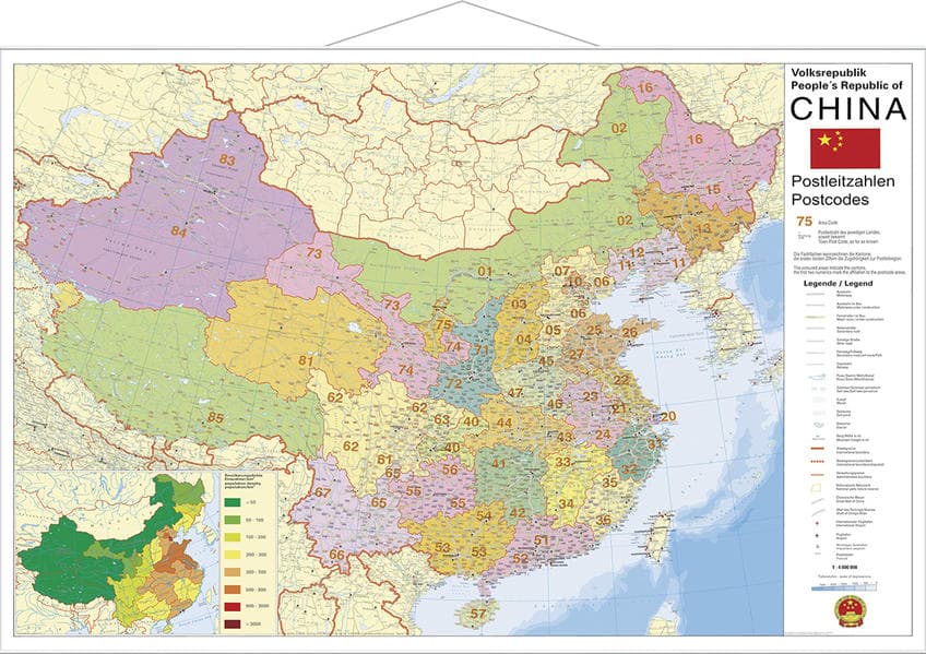 Stiefel Wandkarte Großformat China, Postleitzahlen, mit Metallstäben