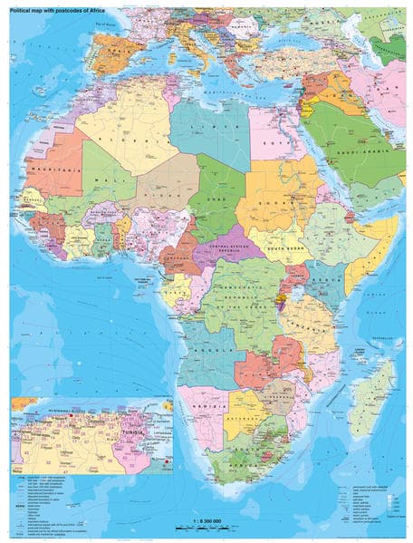Stiefel Wandkarte Großformat Afrika, politischmit Postleitbereichen , englische Ausgabe, ohne Metallstäbe